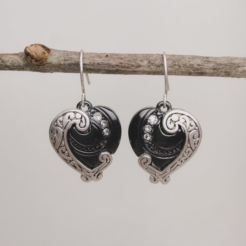 Asymmetrical Black Silver Rhinestone Swirl Heart Love Valentine Dangle Earrings